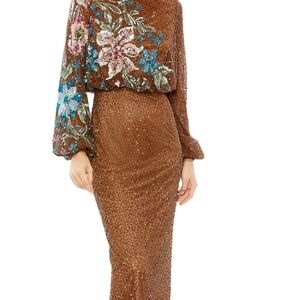 Mac Duggal Brown Sequin Floral Dress